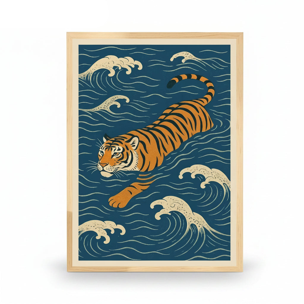Retro Tiger Swimming Framed Canvas Print